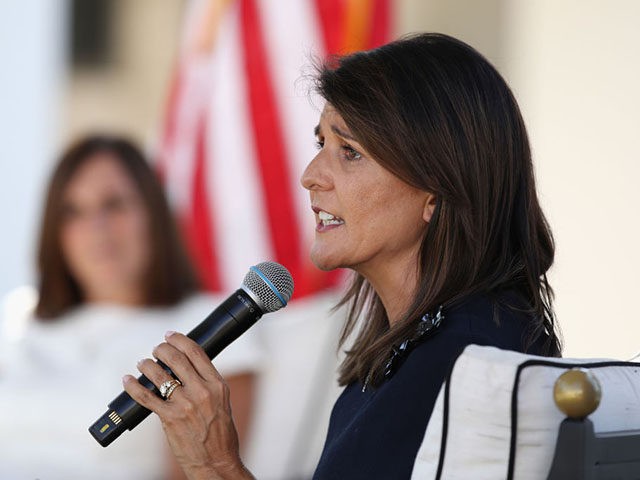 SCOTTSDALE, ARIZONA - OCTOBER 12: Former U.N. Ambassador Nikki Haley (R) speaks at a campaign event for U.S. Sen. Martha McSally (R-AZ) on October 12, 2020 in Scottsdale, Arizona. McSally is looking to gain ground against Democratic Senate candidate and retired astronaut Mark Kelly, who, according to reports, is leading …