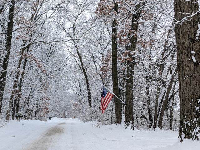 An American flag on a snow covered road with trees alongside the road.