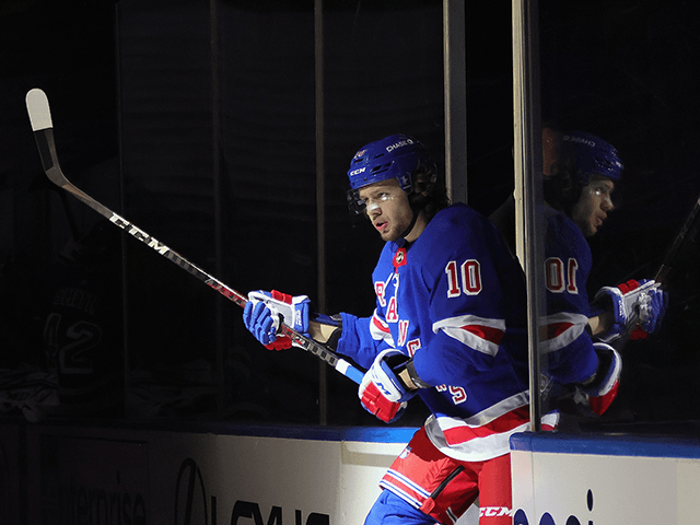 Artemi Panarin #10 of the New York Rangers skates out to play against the New York Islande