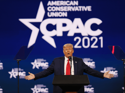 Former President Donald Trump addresses the Conservative Political Action Conference held in the Hyatt Regency on February 28, 2021 in Orlando, Florida. Begun in 1974, CPAC brings together conservative organizations, activists, and world leaders to discuss issues important to them. (Photo by Joe Raedle/Getty Images)