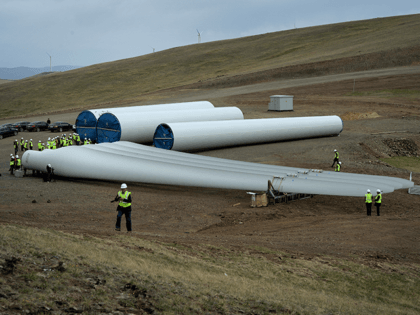 This photo taken on June 4, 2013 shows the blades of a soon-to-be-installed turbine at the Salkhit Mountain wind farm, 70 kilometres from Ulan Bator. The wind farm, which will be Mongolia's first, is due to open on June 20 and is part of the government's attempts to reduce air …