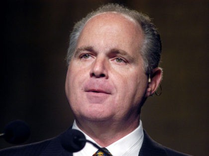 PHILADELPHIA - OCTOBER 2: Radio talk show host Rush Limbaugh makes remarks at the National Association of Broadcasters October 2, 2003 in Philadelphia, Pennsylvania. Limbaugh resigned from his job as a broadcaster at ESPN after racial comments he made about Philadelphia Eagles Donovan McNabb caused an uproar. (Photo by William …