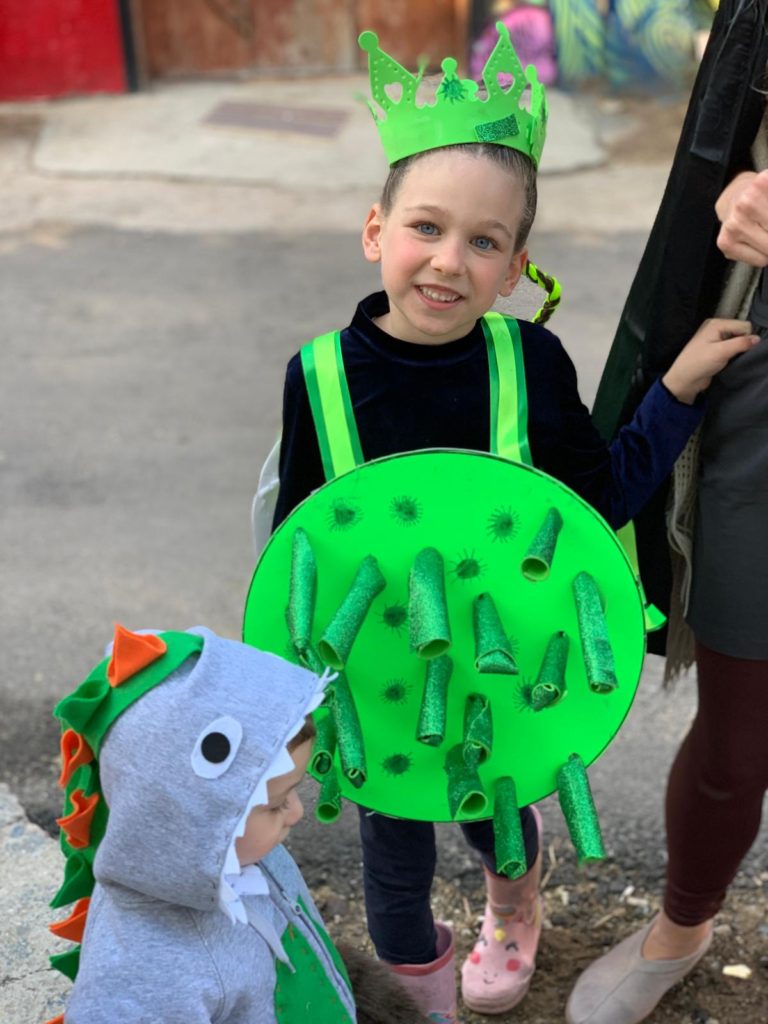A kindergartner in Tel Aviv dresses up as the coronavirus for the Jewish holiday of Purim. 
