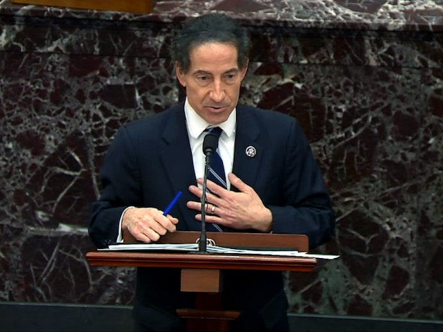 In this screenshot taken from a congress.gov webcast, lead House impeachment manager Rep. Jamie Raskin (D-MD) gives closing arguments on the fifth day of former President Donald Trump's second impeachment trial at the U.S. Capitol on February 13, 2021 in Washington, DC. (congress.gov via Getty Images)