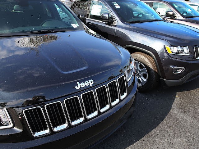 In this April 2015 file photo, Jeep Grand Cherokee vehicles are on a sales lot in Miami, F