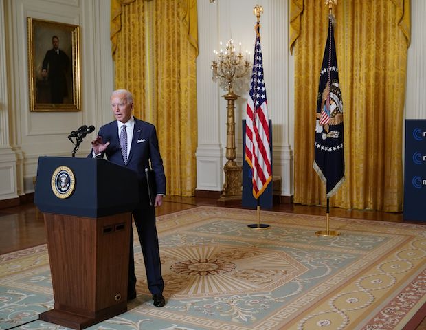US President Joe Biden end his virtual speech from the East Room of the White House in Washington, DC, to the Munich Security Conference in Germany, on February 19, 2021. (Mandel Ngan/AFP via Getty Images)