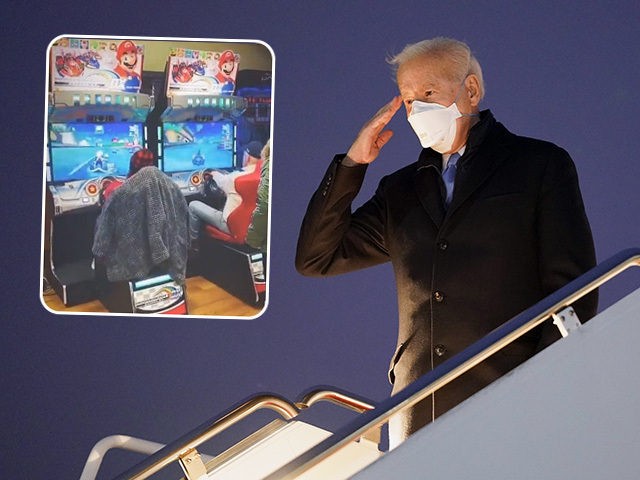 President Joe Biden salutes before boarding Air Force One for a trip to Camp David, Friday, Feb. 12, 2021, in Andrews Air Force Base, Md. (AP Photo/Evan Vucci) and an inset of him playing Mario Kart (Instagram/Naomi Biden)
