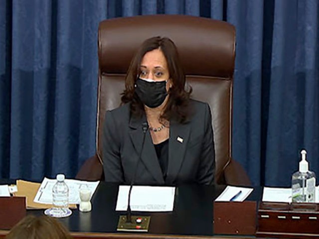 In this image from Senate TV, Vice President Kamala Harris sits in the chair on the Senate floor to cast the tie-breaking vote, her first, Friday, Feb. 5, 2021 at the Capitol in Washington. The Senate early Friday approved a budget resolution that paves the way for fast-track passage of …