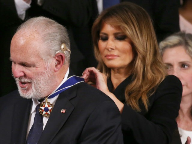 WASHINGTON, DC - FEBRUARY 04: Radio personality Rush Limbaugh reacts as First Lady Melania Trump gives him the Presidential Medal of Freedom during the State of the Union address in the chamber of the U.S. House of Representatives on February 04, 2020 in Washington, DC. President Trump delivers his third …