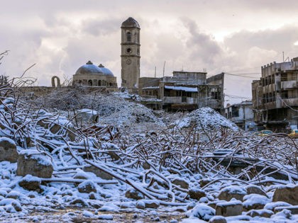 This picture taken on February 10, 2020 amidst a heavy snow storm shows a view of the Roman Catholic Dominican Church of Our Lady of the Hour in the war-ravaged old town of Iraq's northern city of Mosul. (Photo by Zaid AL-OBEIDI / AFP) (Photo by ZAID AL-OBEIDI/AFP via Getty …