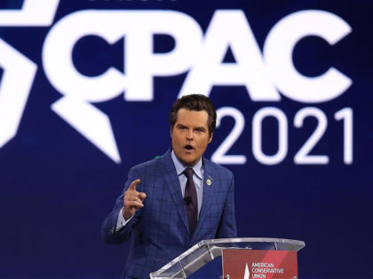 ORLANDO, FLORIDA - FEBRUARY 26: Rep. Matt Gaetz (R-FL) addresses the Conservative Political Action Conference being held in the Hyatt Regency on February 26, 2021 in Orlando, Florida. Begun in 1974, CPAC brings together conservative organizations, activists, and world leaders to discuss issues important to them. (Photo by Joe Raedle/Getty …