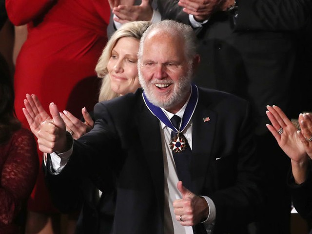WASHINGTON, DC - FEBRUARY 04: Radio personality Rush Limbaugh reacts after First Lady Melania Trump gives him the Presidential Medal of Freedom during the State of the Union address in the chamber of the U.S. House of Representatives on February 04, 2020 in Washington, DC. President Trump delivers his third State of the Union to the nation the night before the U.S. Senate is set to vote in his impeachment trial. (Photo by Mark Wilson/Getty Images)