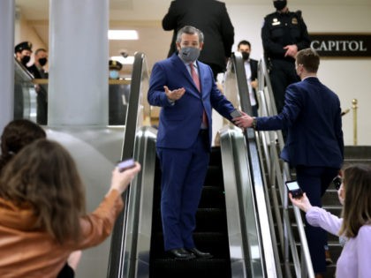 WASHINGTON, DC - FEBRUARY 11: Sen. Ted Cruz (R-TX) talks with reporters on his way to the