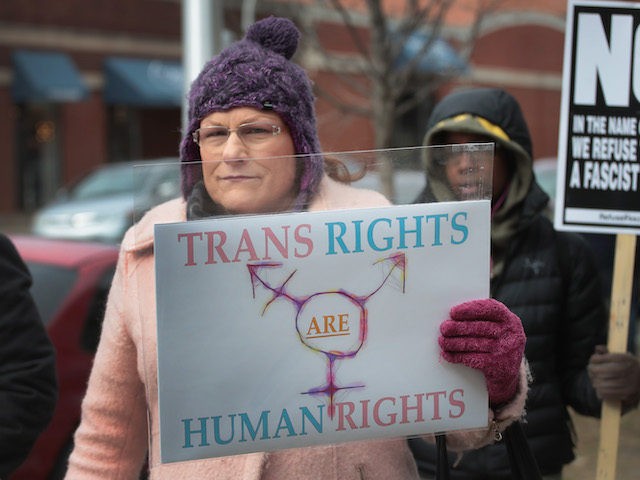 In this February 2017 file photo, Demonstrators protest for transgender rights in Chicago, Illinois. The demonstrators were angry with the Trump Administrations decision to reverse the Obama-era policy requiring public schools to allow transgender students to use the bathroom of their choice. (Scott Olson/Getty Images)