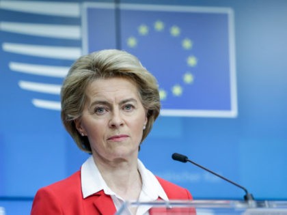 President of European Commission Ursula Von der Leyen (L) gives a press conference after EU leaders' video conference on COVID-19, caused by the novel coronavirus, at the European Council building in Brussels, on March 17, 2020. (Photo by Aris Oikonomou / AFP) (Photo by ARIS OIKONOMOU/AFP via Getty Images)