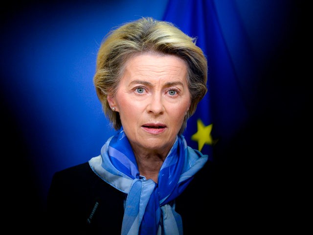 European Commission President Ursula von der Leyen gives a press statement after the European Medicines Agency (EMA) gave the green light to European countries to start Covid-19 vaccinations in the coming days, after a regulatory approval for the use of a shot jointly developed by US company Pfizer and its …