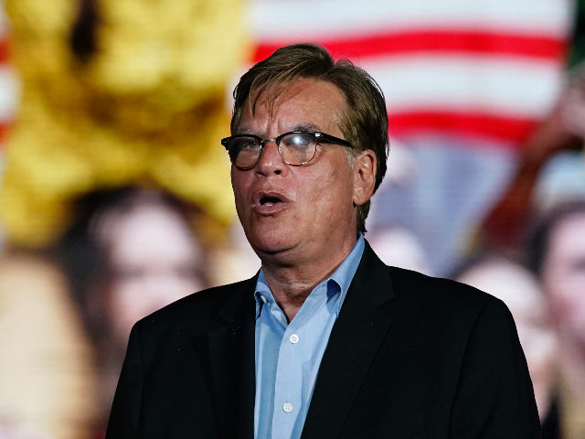 Aaron Sorkin, writer/director of "The Trial of the Chicago 7," is interviewed before the drive-in premiere of the Netflix film, Tuesday, Oct. 13, 2020, at the Rose Bowl in Pasadena, Calif. (AP Photo/Chris Pizzello)