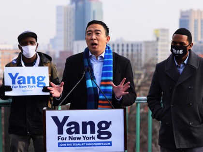 NEW YORK, NEW YORK - JANUARY 14: New York City Mayoral candidate Andrew Yang speaks at a p