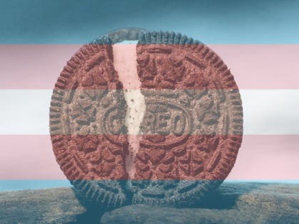 Transgender flag superimposed on an Oreo cookie.