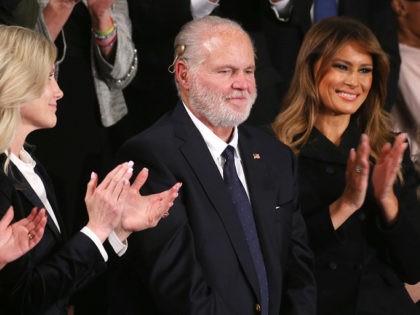 WASHINGTON, DC - FEBRUARY 04: Radio personality Rush Limbaugh and wife Kathryn (L) attend the State of the Union address with First Lady Melania Trump in the chamber of the U.S. House of Representatives on February 04, 2020 in Washington, DC. President Trump delivers his third State of the Union …
