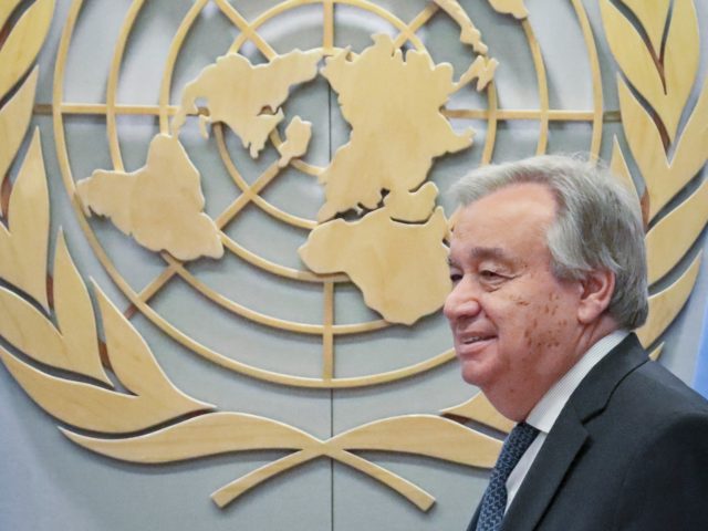United Nations Secretary-General Antonio Guterres awaits the arrival of Netherland's Minister for Foreign Affairs Stephanus Abraham Blok at U.N. headquarters, Thursday, May 23, 2019. (AP Photo/Bebeto Matthews)
