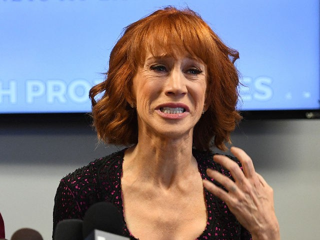 Comedian Kathy Griffin (R) reacts during a news conference to discuss the comedian's "motivation" behind a photo of her holding what appeared to be a prop depicting US President Donald Trump's bloodied, severed head, with her attorney, Lisa Bloom in Woodland Hills, California on June 2, 2017. / AFP PHOTO …