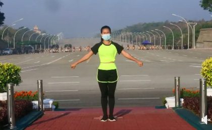 Aerobics instructor Khing Hnin Wai routinely streams her dance aerobics workout from the streets of Myanmar’s capital city, Naypyidaw.