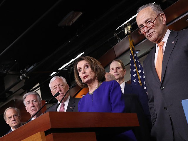 WASHINGTON, DC - MAY 22: Speaker of the House Nancy Pelosi (C) (D-CA) speaks at a press conference with Senate Minority Leader Chuck Schumer (R) (D-NY) at the U.S. Capitol following an aborted White House meeting with U.S. President Donald Trump on infrastructure legislation on May 22, 2019 in Washington, …