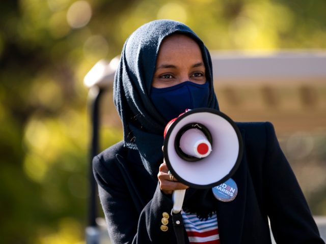 MINNEAPOLIS, MN - NOVEMBER 03: Congressional candidate Rep. Ilhan Omar (D-MN) speaks during a get out the vote event on the University of Minnesota campus on November 3, 2020 in Minneapolis, Minnesota. After a record-breaking early voting turnout, Americans head to the polls on the last day to cast their …
