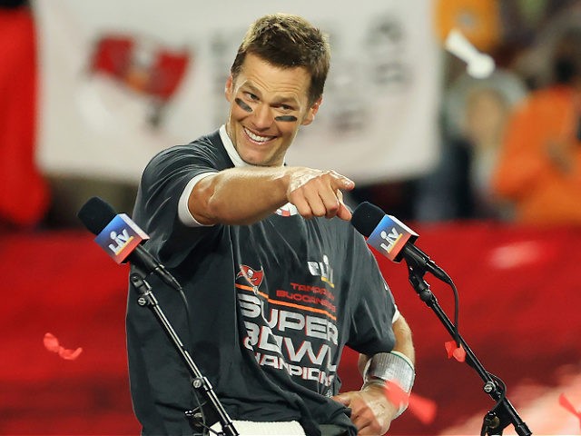 TAMPA, FLORIDA - FEBRUARY 07: Tom Brady #12 of the Tampa Bay Buccaneers signals after winning Super Bowl LV at Raymond James Stadium on February 07, 2021 in Tampa, Florida. (Photo by Mike Ehrmann/Getty Images)