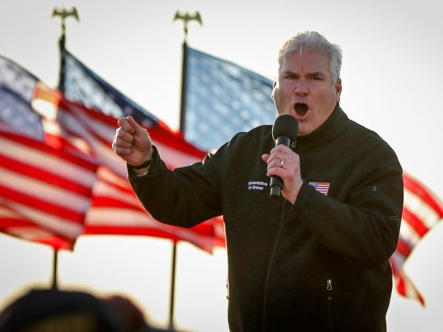 Rep. Tom Emmer, R-Minn., addresses a crowd at a campaign rally for President Donald Trump Friday, Oct. 30, 2020, in Rochester, Minn. (AP Photo/Bruce Kluckhohn)