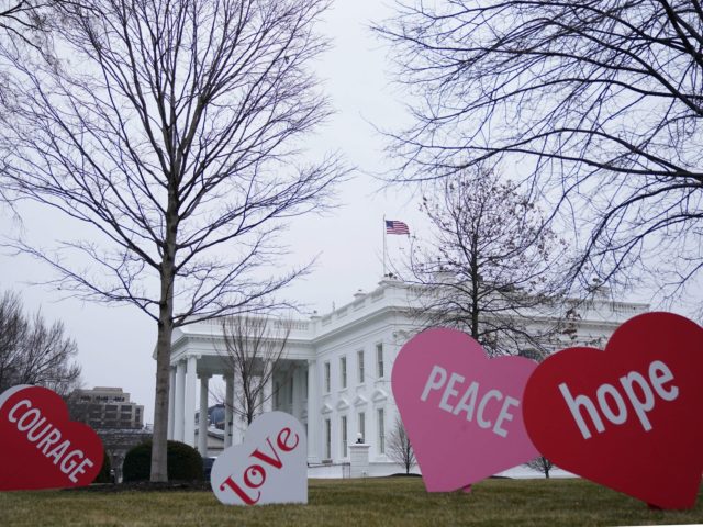 Valentine's Day messages decorate the North Lawn of the White House in Washington, DC on F