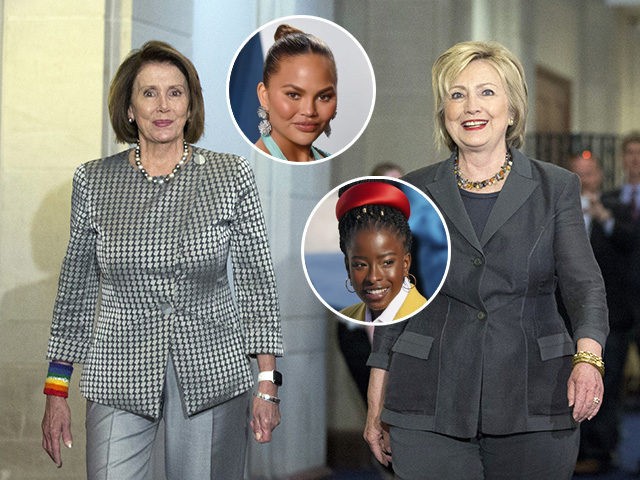 (INSETS: Chrissy Teigen, Amanda Gorman) FILE - In tho June 22, 2016, file photo, Democratic presidential candidate Hillary Clinton walks with House Minority Leader Nancy Pelosi of Calif., as they arrive for a meeting with the House Democratic Caucus on Capitol Hill in Washington. Clinton was miffed by Nancy Pelosi’s …