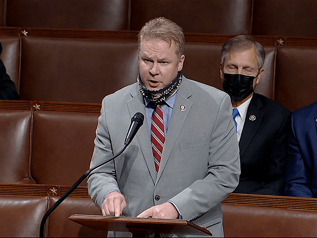 In this image from video, Rep. Warren Davidson, R-Ohio, speaks as the House debates the ob