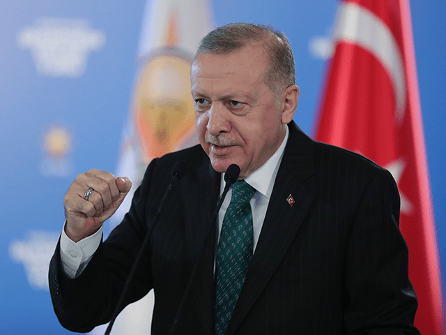 Turkish President Recep Tayyip Erdogan addresses his ruling party members via remote conne