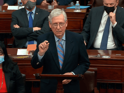 In this image from video, Senate Minority Leader Mitch McConnell of Ky., speaks before the final vote on the Senate version of the COVID-19 relief bill in the Senate at the U.S. Capitol in Washington, Saturday, March 6, 2021. (Senate Television via AP)