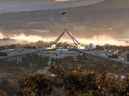 Foggy Winter Morning,Aerial view of the Parliament House Canberra,taken at Red Hill Lookout, Canberra,Australia.