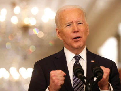 WASHINGTON, DC - MARCH 11: U.S. President Joe Biden delivers a primetime address to the nation from the East Room of the White House March 11, 2021 in Washington, DC. President Biden gave the address to mark the one-year anniversary of the shutdown due to the COVID-19 pandemic. (Photo by …