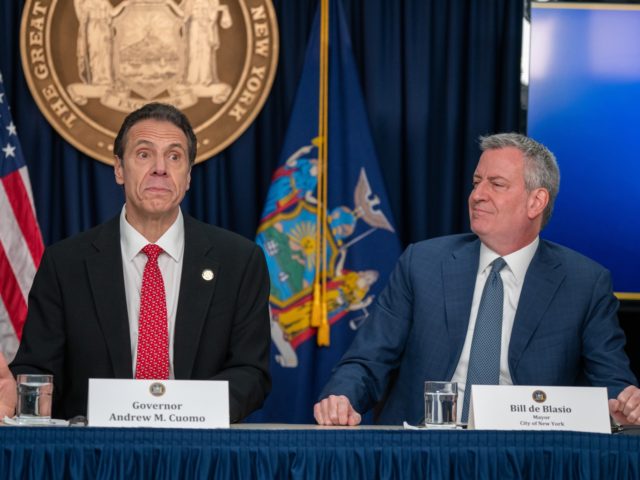 NEW YORK, NY - MARCH 2: New York state Gov. Andrew Cuomo and New York City Mayor Bill DeBlasio speak during a news conference on the first confirmed case of COVID-19 in New York on March 2, 2020 in New York City. A female health worker in her 30s who …