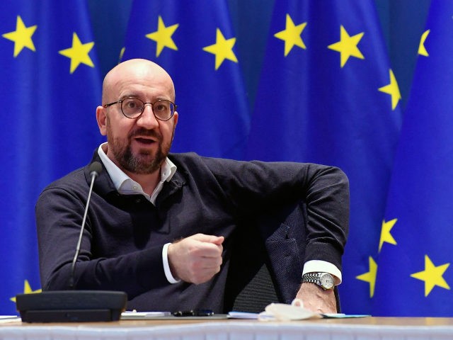 European Council President Charles Michel takes part in a video-conferenced meeting with G