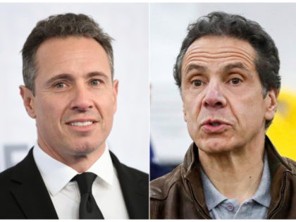 This combination photo shows CNN news anchor Chris Cuomo at the WarnerMedia Upfront in New York on May 15, 2019, left, and New York Gov. Andrew Cuomo speaking during a news conference in New York on March 23, 2020. The love, drama and comedy of New York's Cuomo brothers is …