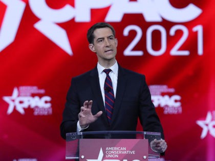 ORLANDO, FLORIDA - FEBRUARY 26: Sen. Tom Cotton (R-AR) addresses the Conservative Political Action Conference held in the Hyatt Regency on February 26, 2021 in Orlando, Florida. Begun in 1974, CPAC brings together conservative organizations, activists, and world leaders to discuss issues important to them. (Photo by Joe Raedle/Getty Images)