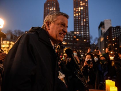 NEW YORK, NY - MARCH 19: New York City Mayor Bill de Blasio speaks during a peace vigil to honor victims of attacks on Asians on March 19, 2021 in Union Square Park in New York City. On March 16th, eight people were killed at three Atlanta-area spas, six of …