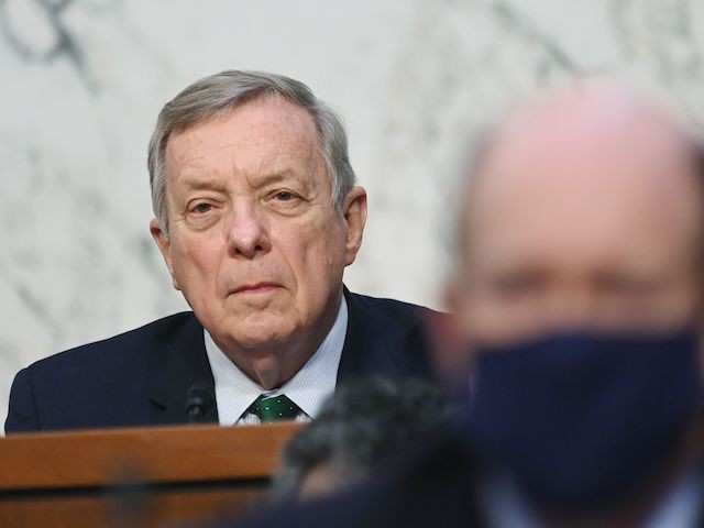 Chairman Sen. Dick Durbin, D-IL, listens to FBI Director Christopher Wray testify before the Senate Judiciary Committee on the Jan. 6 insurrection, at the Hart Senate Office Building on Capitol Hill in Washington, DC on March 2, 2021. (Mandel Ngan/POOL/AFP via Getty Images)
