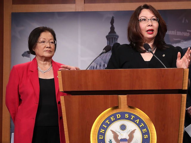 Sen. Mazie Hirono (D-HI), and Sen. Tammy Duckworth (D-IL), Sen. Richard Blumenthal (D-CT) and Sen. Catherine Marie Cortez Masto (D-NV) hold a news conference at the U.S. Captiol January 12, 2017 in Washington, DC. All three Democratic senators said they would vote against their colleague Sen. Jeff Sessions (R-AL) for …