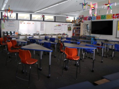 In this file photo, a classroom sits empty at Kent Middle School on April 01, 2020 in Kentfield, California. (Justin Sullivan/Getty Images)