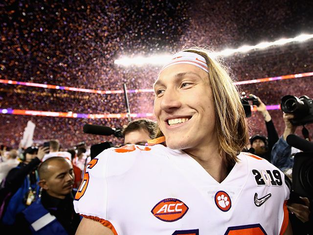 Trevor Lawrence #16 of the Clemson Tigers reacts after his teams 44-16 win over the Alabama Crimson Tide in the CFP National Championship presented by AT&T at Levi's Stadium on January 7, 2019 in Santa Clara, California. (Photo by Ezra Shaw/Getty Images)