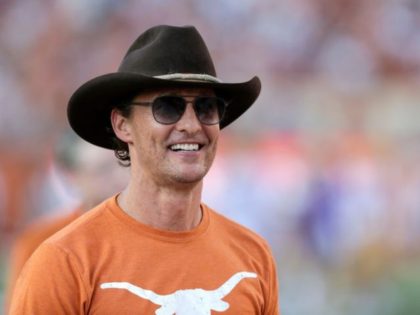 AUSTIN, TX - SEPTEMBER 07: Matthew McConaughey watches player warmups before the game between the Texas Longhorns and the LSU Tigers at Darrell K Royal-Texas Memorial Stadium on September 7, 2019 in Austin, Texas. (Photo by Tim Warner/Getty Images)