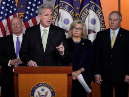 WASHINGTON, DC - DECEMBER 10: House Minority Leader Rep. Kevin McCarthy (R-CA) defends U.S. President Donald Trump during the weekly Republican leadership press conference December 10, 2019 in Washington, DC. Earlier in the day, members of House investigative committees announced two articles of impeachment against Trump. The impeachment charges include …