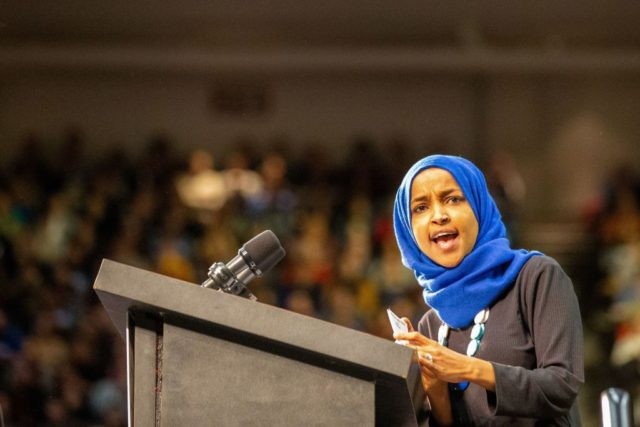 Minnesota's Representative Ilhan Omar speaks to the crowd during a rally for Democratic presidential hopeful Vermont Senator Bernie Sanders at The Saint Paul River Centre on March 2, 2020 in Saint Paul, Minnesota, on the eve of "Super Tuesday" Democratic presidential primaries. (Photo by Kerem Yucel / AFP) (Photo by …